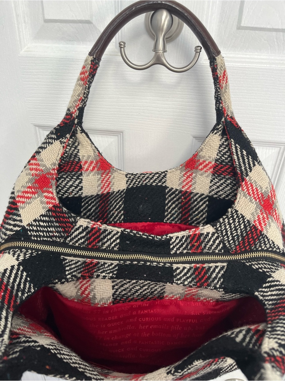 Kate Spade NY Storybook Lining Ruby Park Shon Hobo Bag Plaid Wool Red - Picture 10 of 17